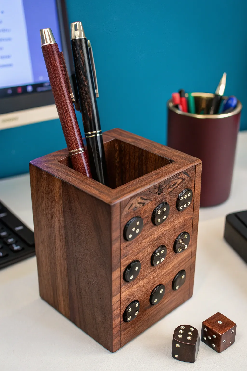 Elevate your workspace with this dual-purpose dice tower and pen holder, where functionality meets artistry.