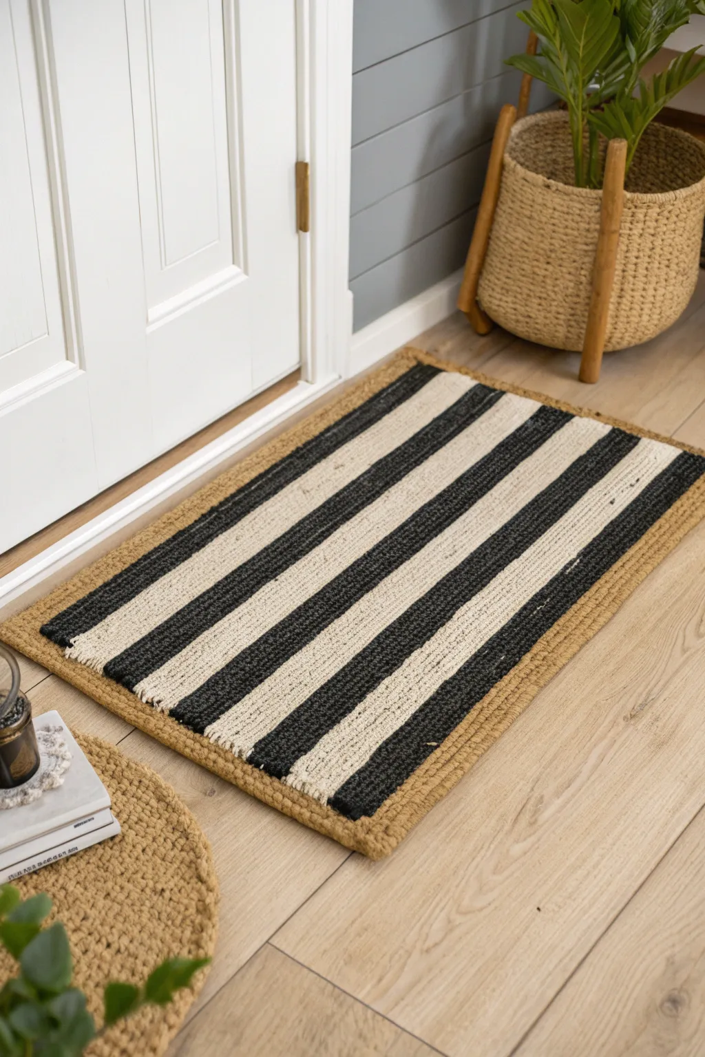 Transform your entryway with a statement doormat featuring bold border stripes. #ScandiBoho #DIYDecor