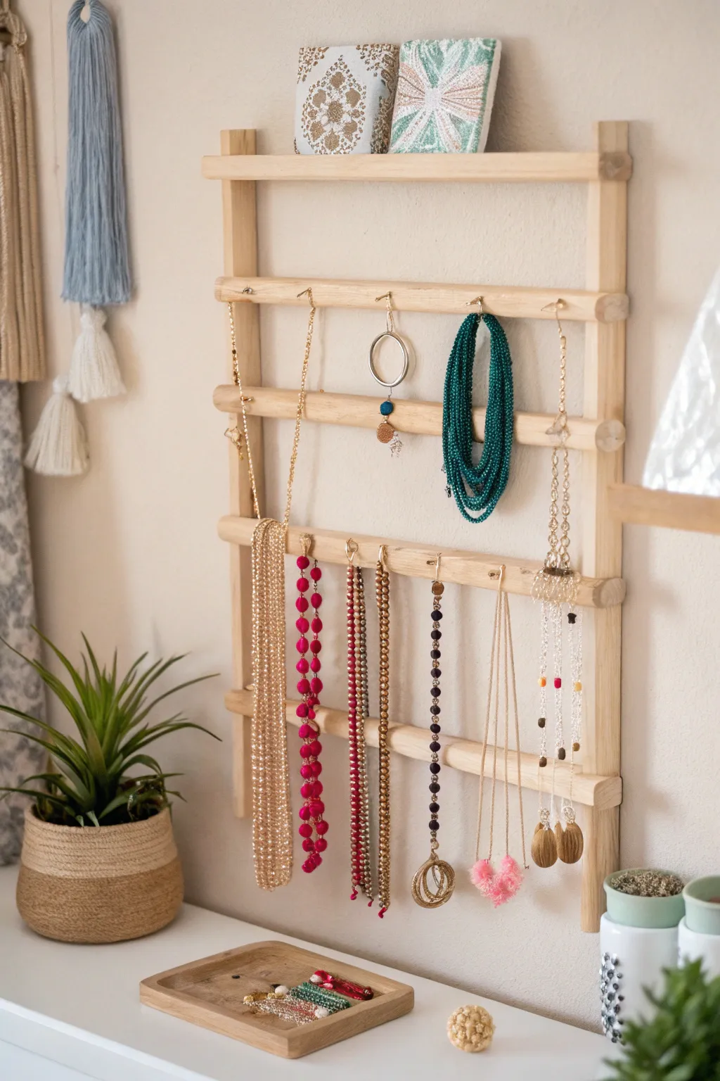 Elevate your organization game with this chic wall-mounted jewelry organizer, blending Scandinavian simplicity with boho charm.