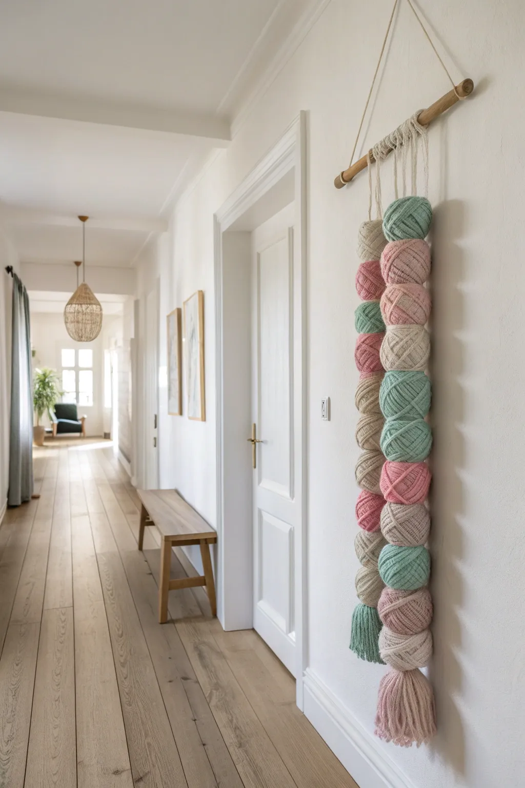 Elevate your hallway with a DIY yarn-wrapped stick art installation - where minimalist design meets boho charm!