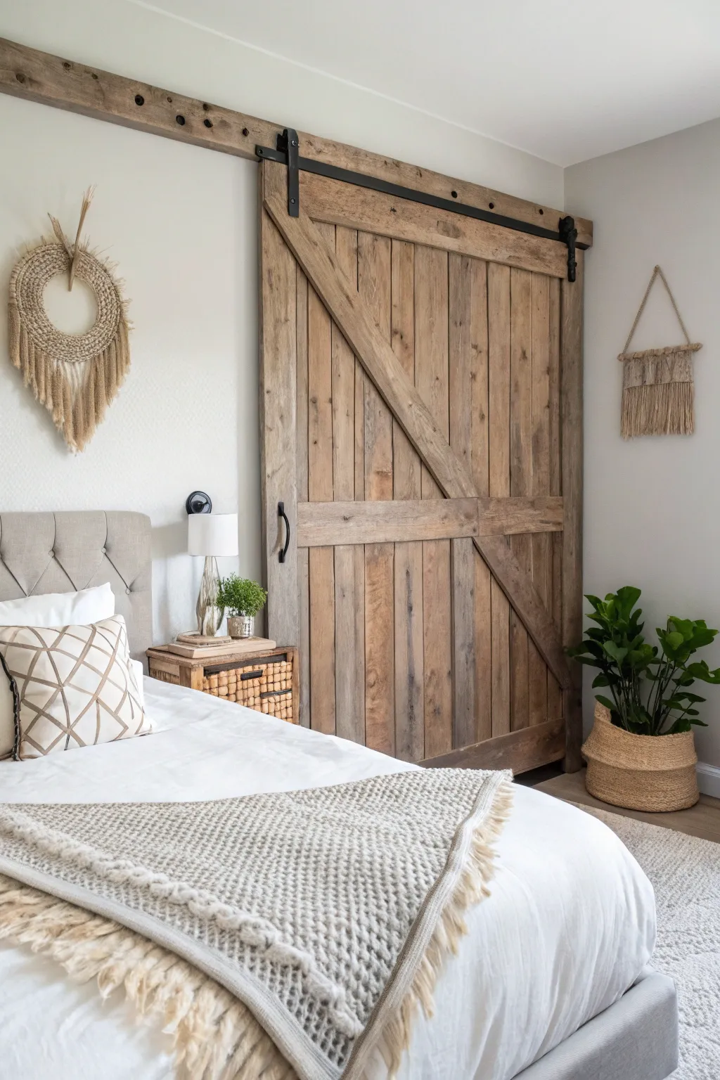 Transform your bedroom with the rustic charm of a barn door headboard, blending farmhouse vibes with minimalist elegance.