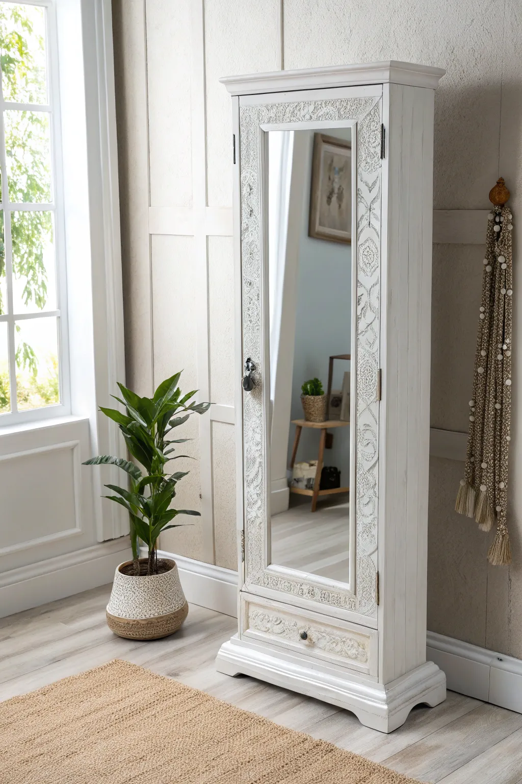 Elegance meets functionality: Discover the beauty of a mirrored jewelry cabinet for your minimalist sanctuary.