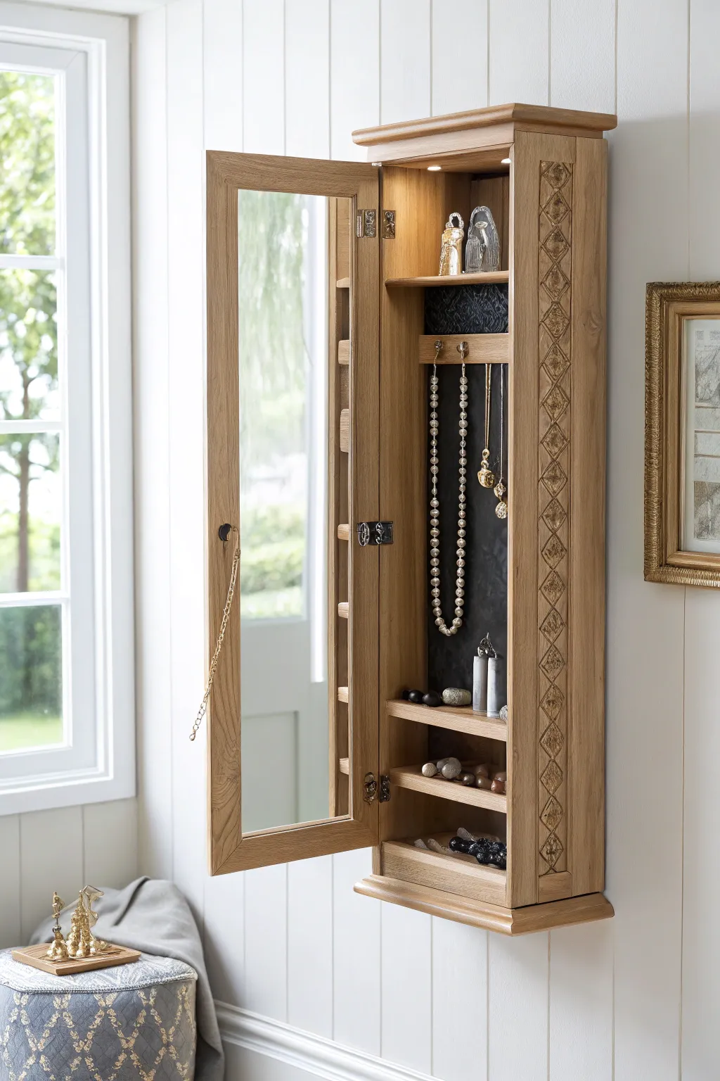 Elevate your space with this elegant wall-mounted jewelry cabinet—where minimalist design meets boho charm.