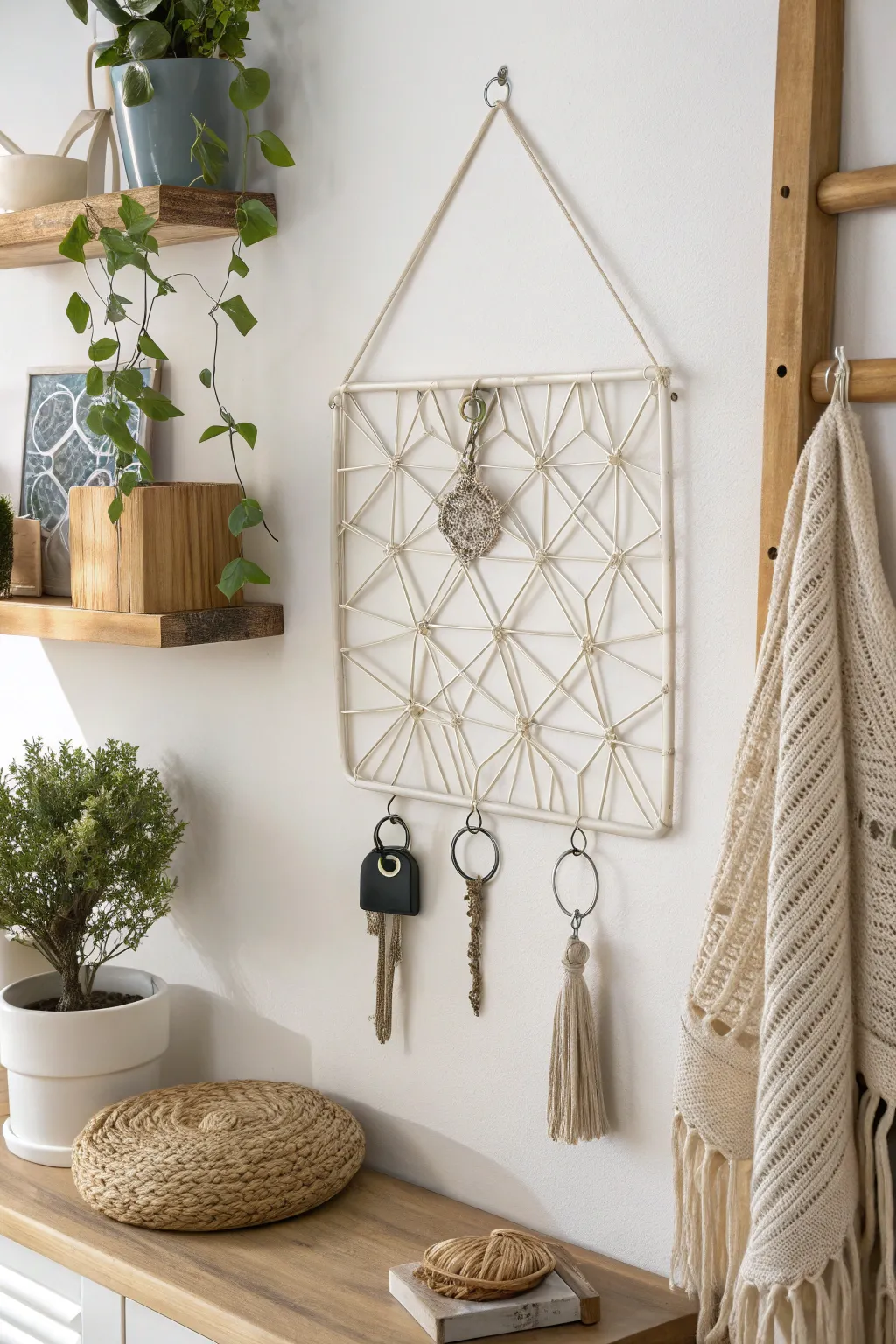 Elevate your entryway with this chic wire mesh key holder, where minimalist design meets Boho charm. 🌿🗝️ #ScandinavianStyle #BohoChic #DIYHomeDecor