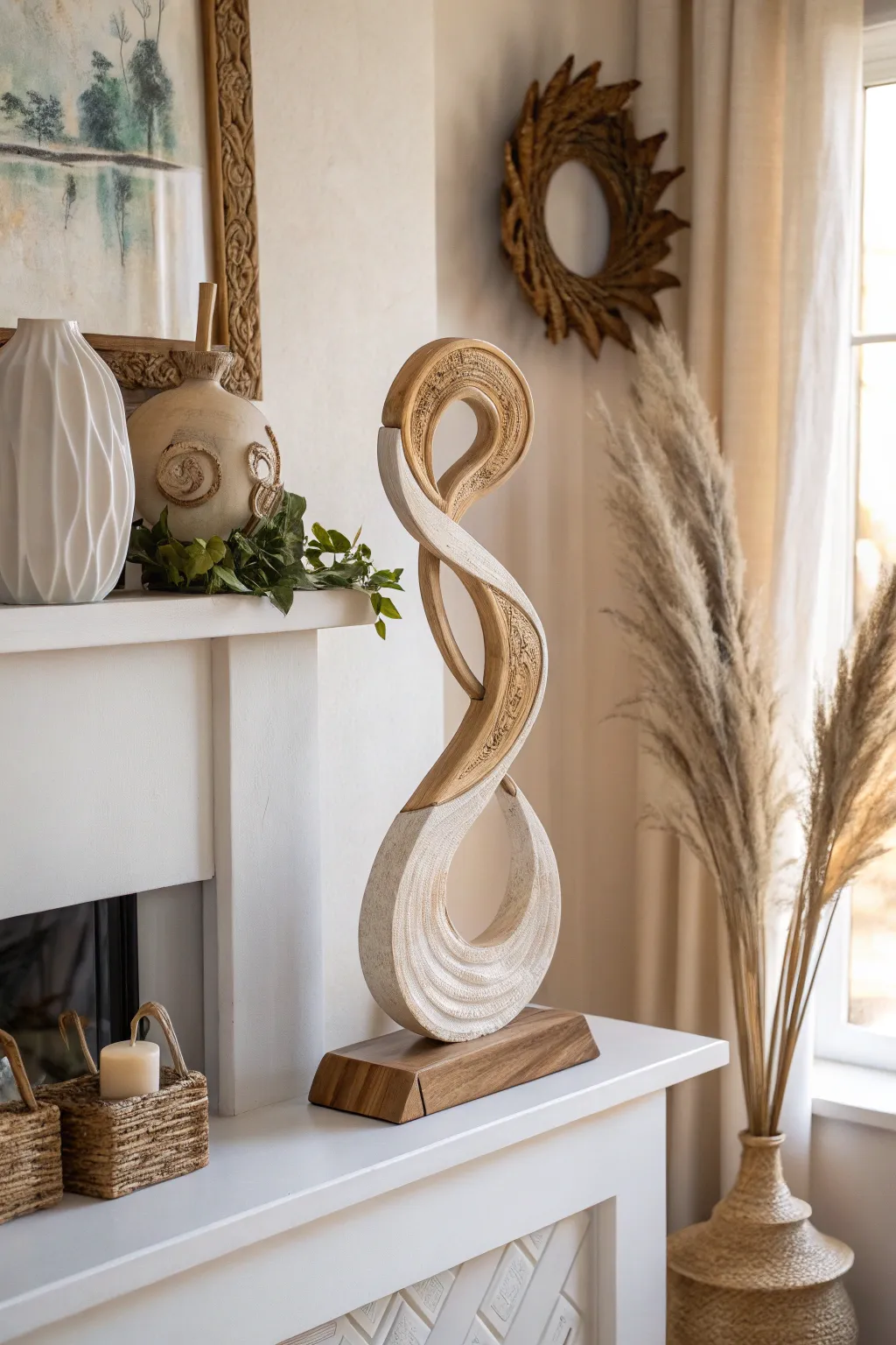 Elevate your mantel with a unique sculptural art piece that embodies natural beauty and minimalist elegance.