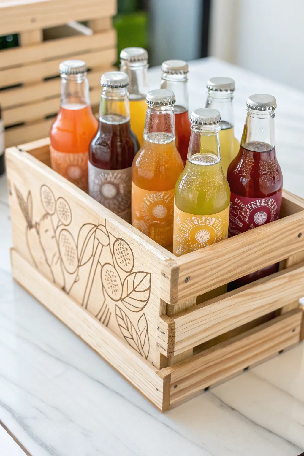 Elevate your gifting with a Beverage Sampler, a charming mix of craft sodas and local juices, beautifully presented in a wooden crate.