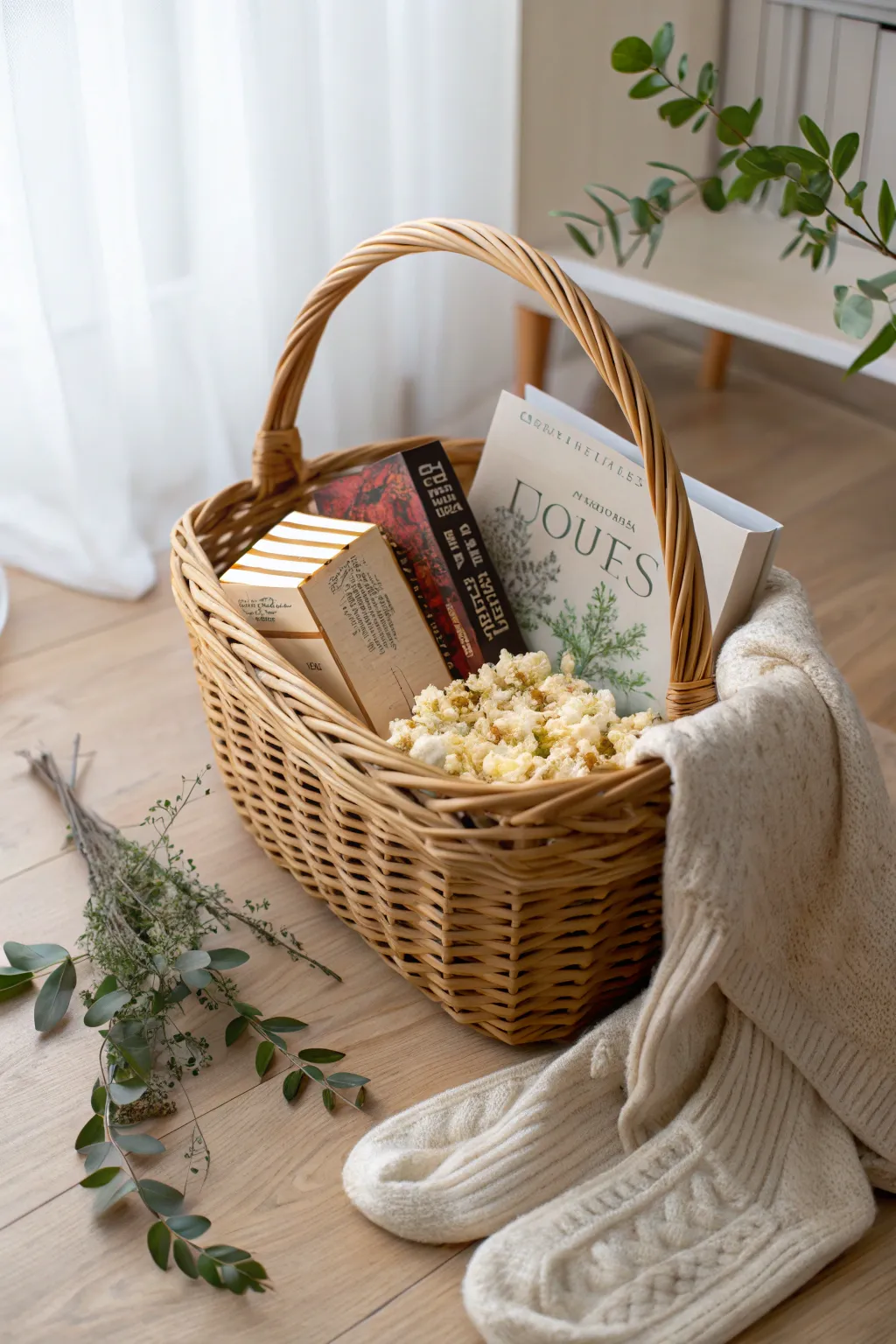 Craft the perfect cozy night in with a minimalist movie night basket for Mother's Day!