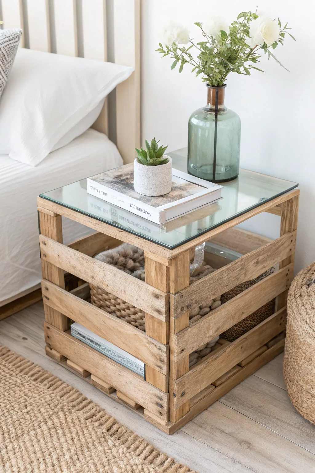 Elevate your bedroom with this chic glass-topped crate nightstand – where simplicity meets elegance.