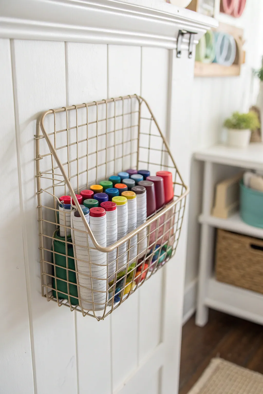 Transform your creative space with this chic wire mesh basket storage idea, combining style and practicality effortlessly.