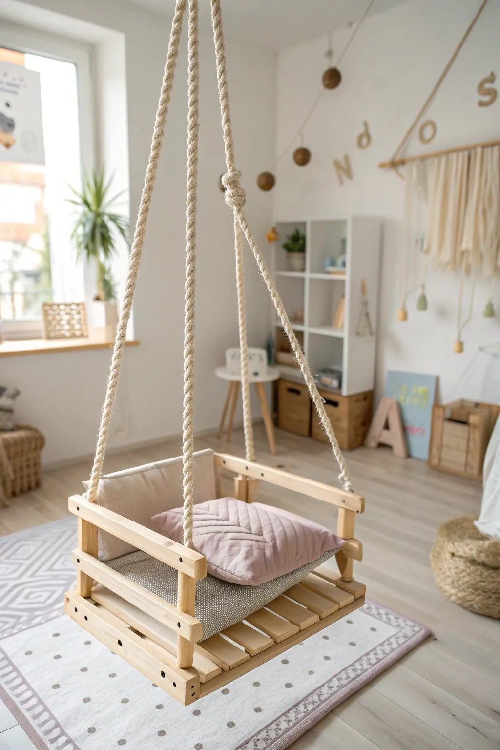 Swing into joy with this charming DIY pallet swing, the perfect blend of Scandinavian minimalism and Boho warmth for your child's playroom.
