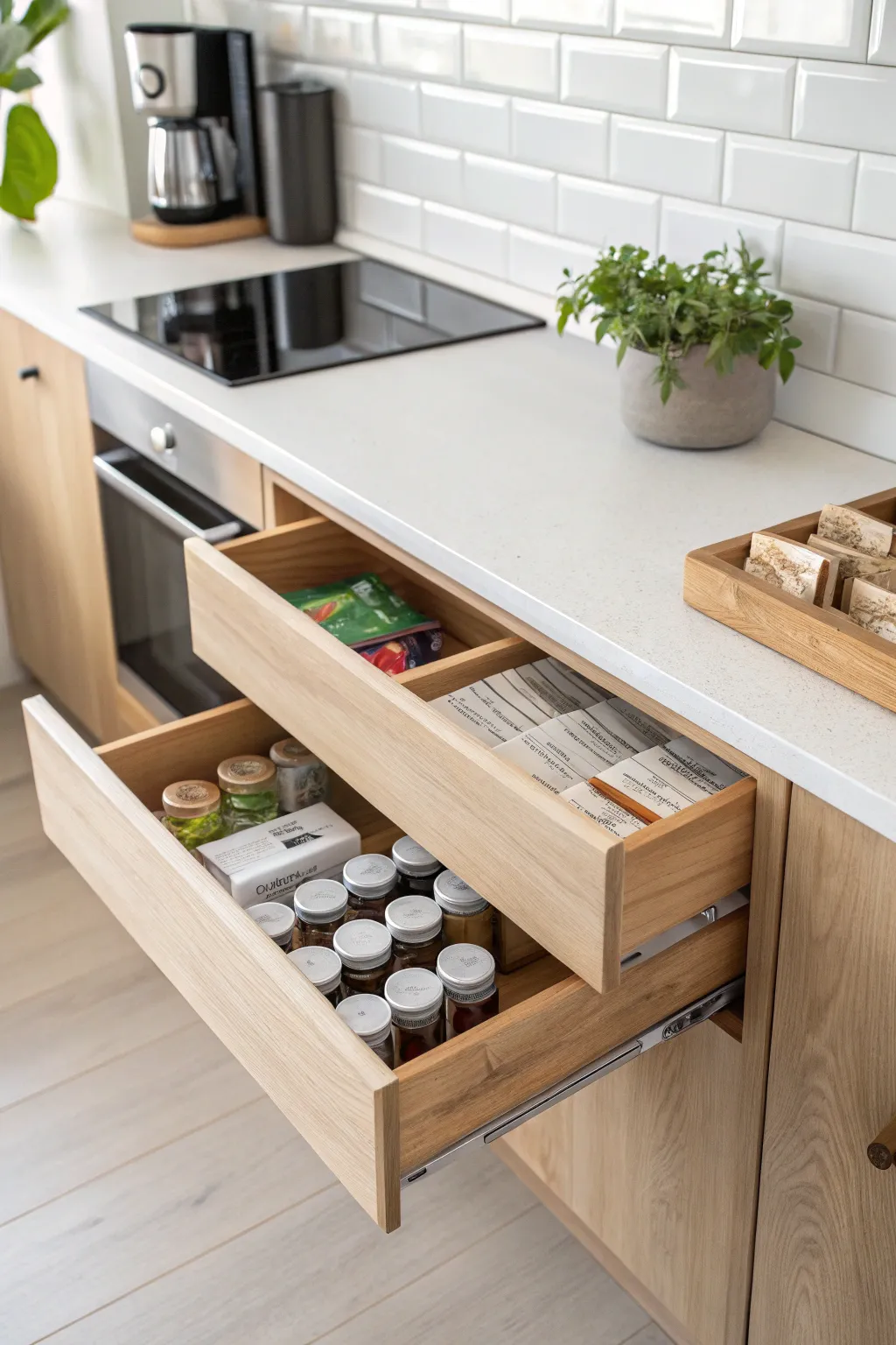 Maximize your pantry space with stylish under-shelf drawers for a seamless, minimalist look.