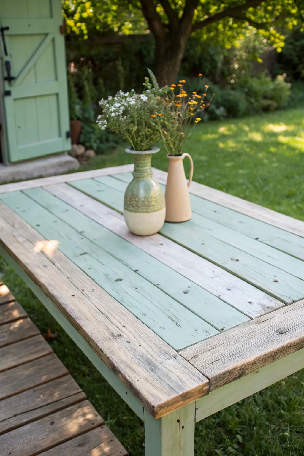 Transform your patio with the rustic charm of a repurposed door table—where simplicity meets natural beauty.