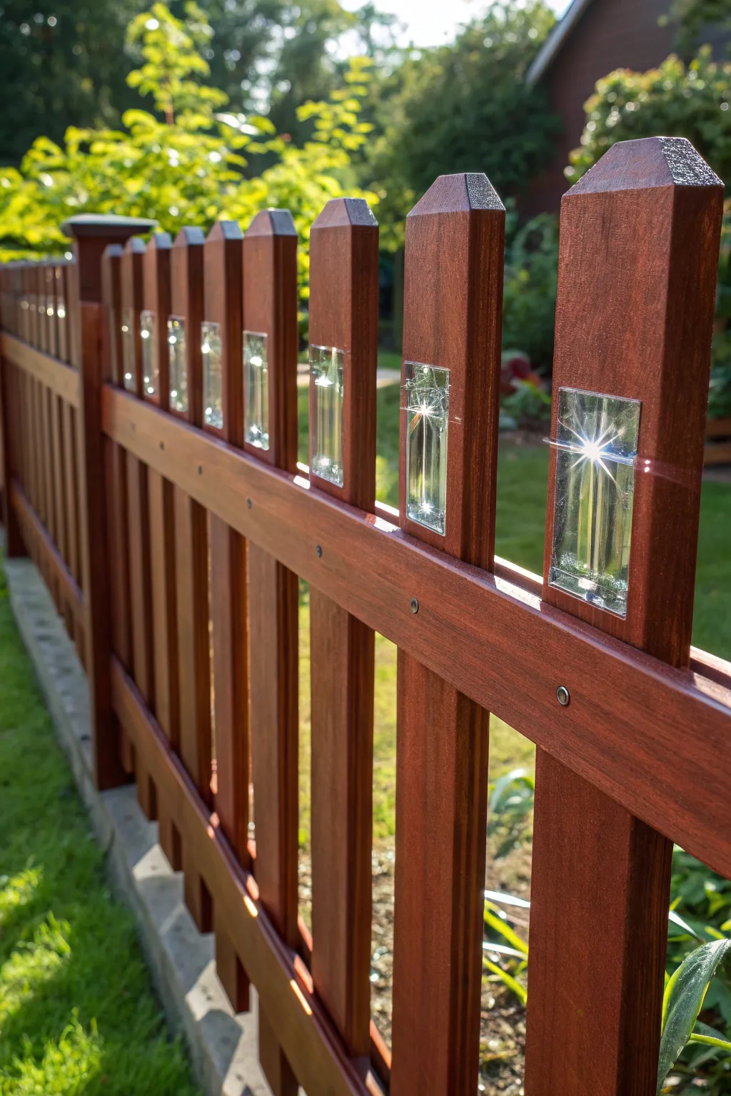 Elevate your yard with this modern picket fence featuring stunning glass inserts for a touch of elegance and artistry.