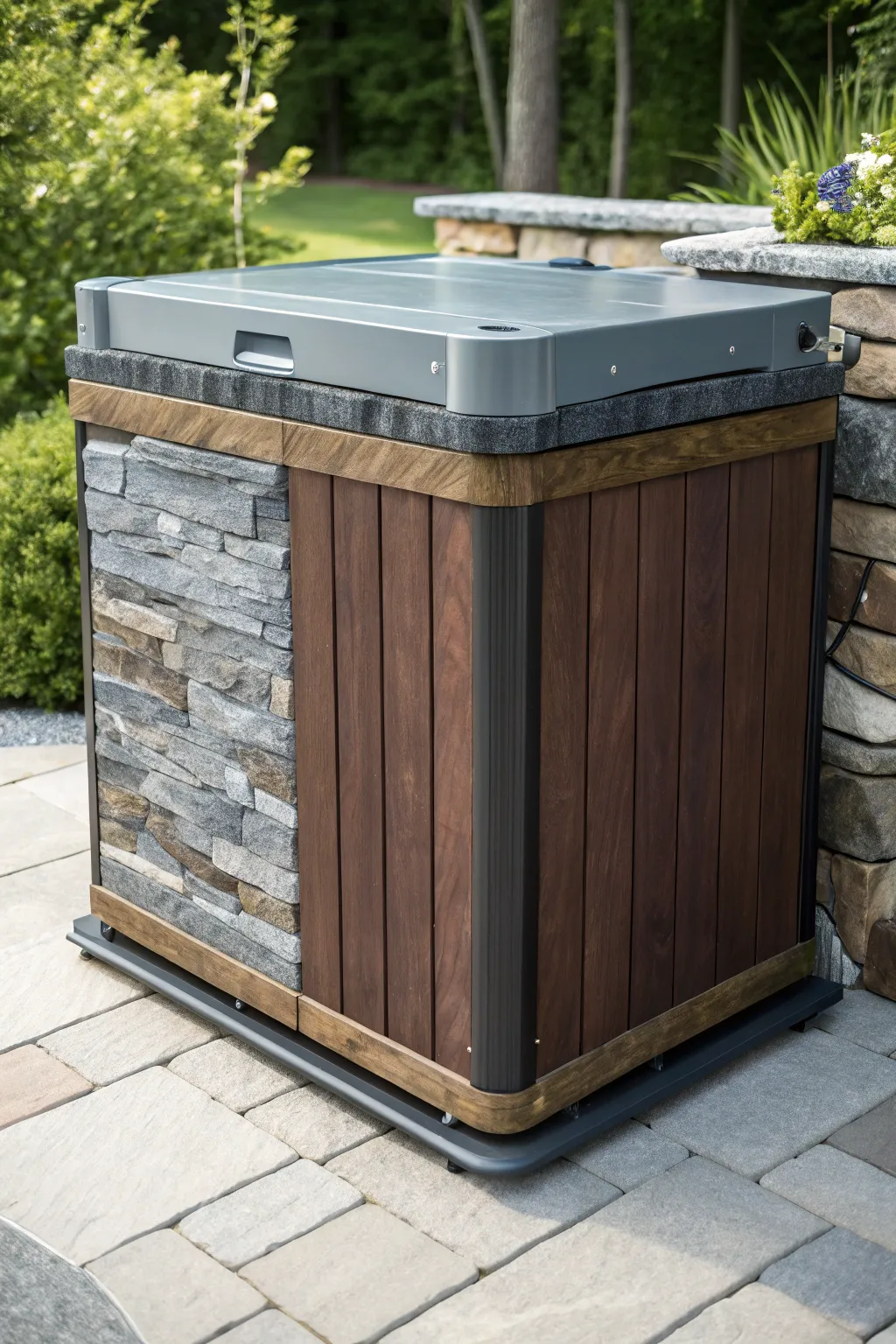 Elevate your backyard with a striking mixed material marvel. A fusion of wood, stone, and metal that defines craftsmanship and style.