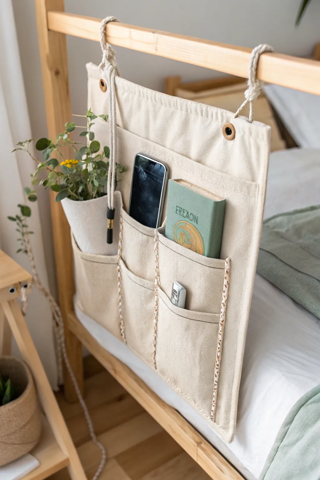 Transform your bedroom with a touch of Scandinavian elegance and Boho charm. This DIY bedside organizer is your new clutter-free companion!