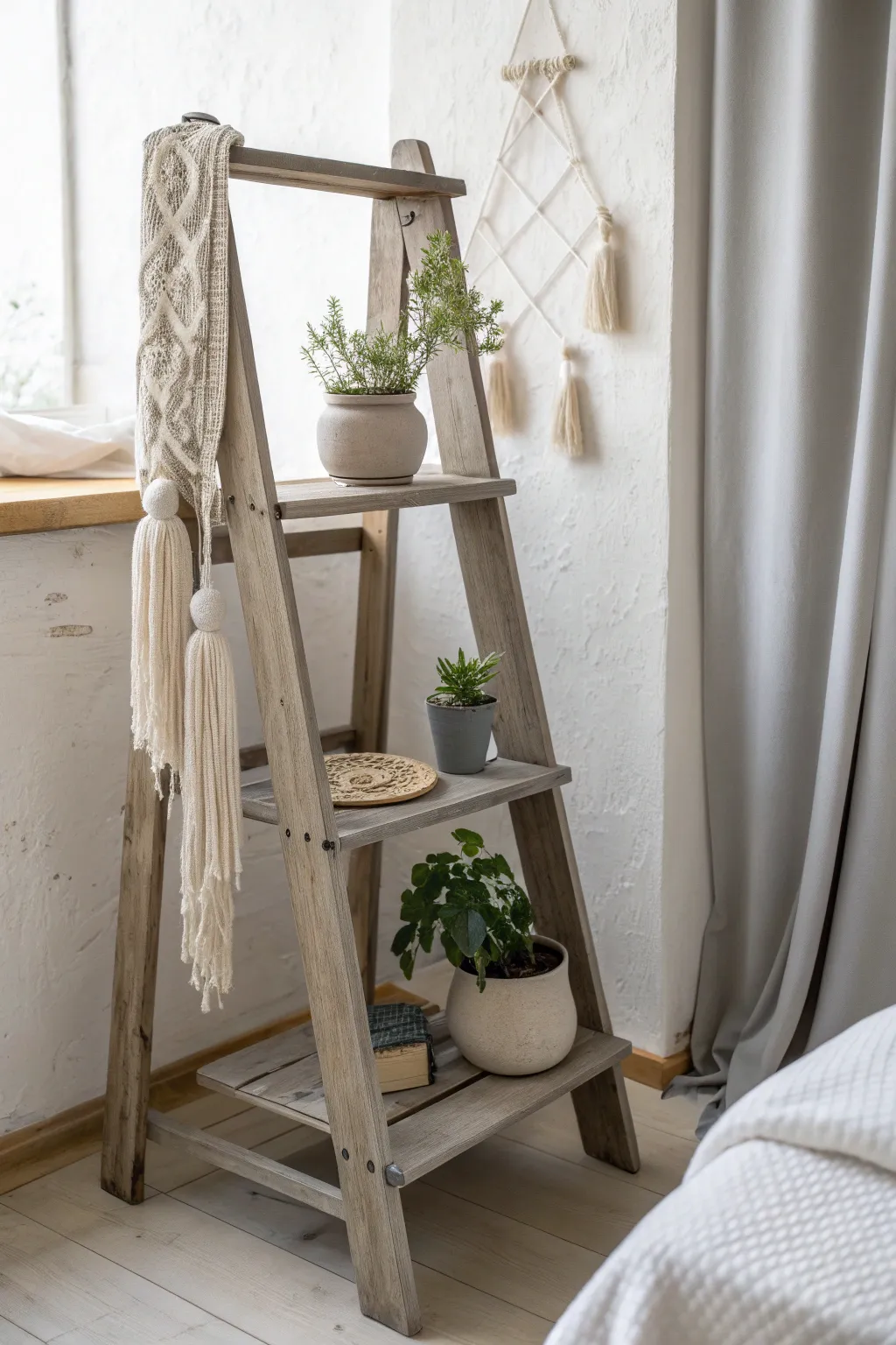Transform function into charm with this repurposed stepladder nightstand, blending simplicity and boho elegance.