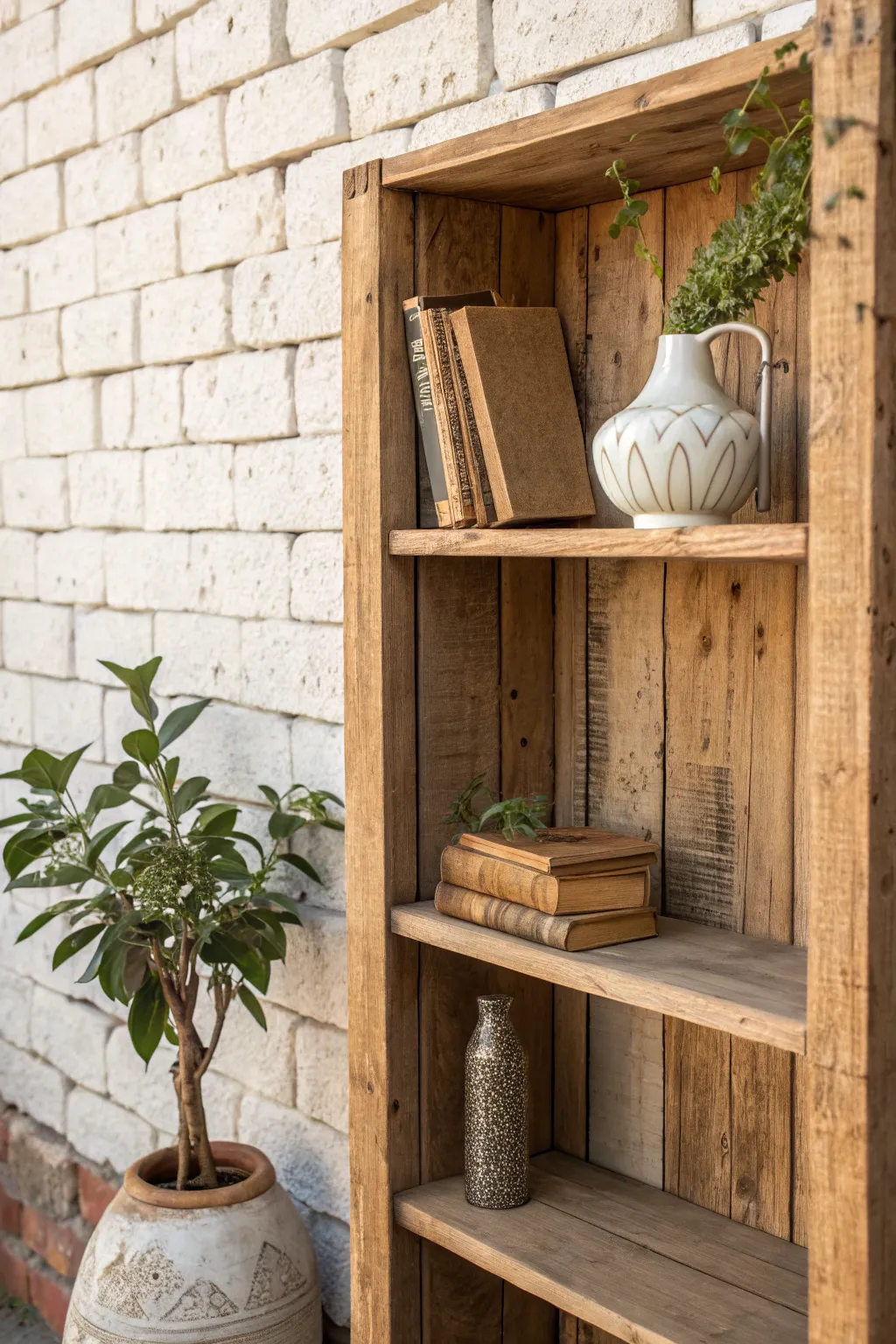 Transform your space with a rustic bookshelf that blends brick and wood for a cozy, inviting atmosphere.