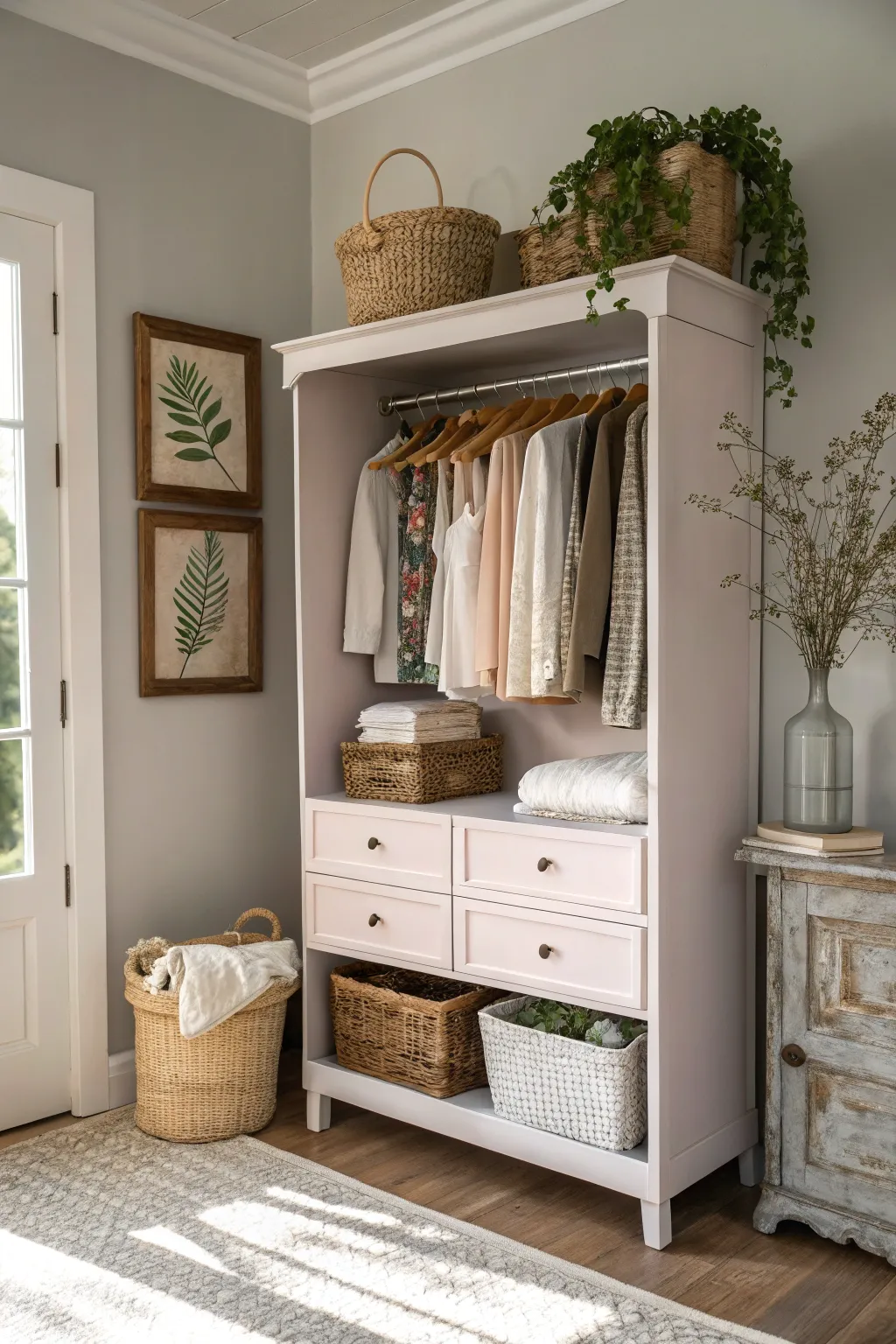 Transform old into new: A vintage dresser becomes the perfect closet organizer, blending style and sustainability.