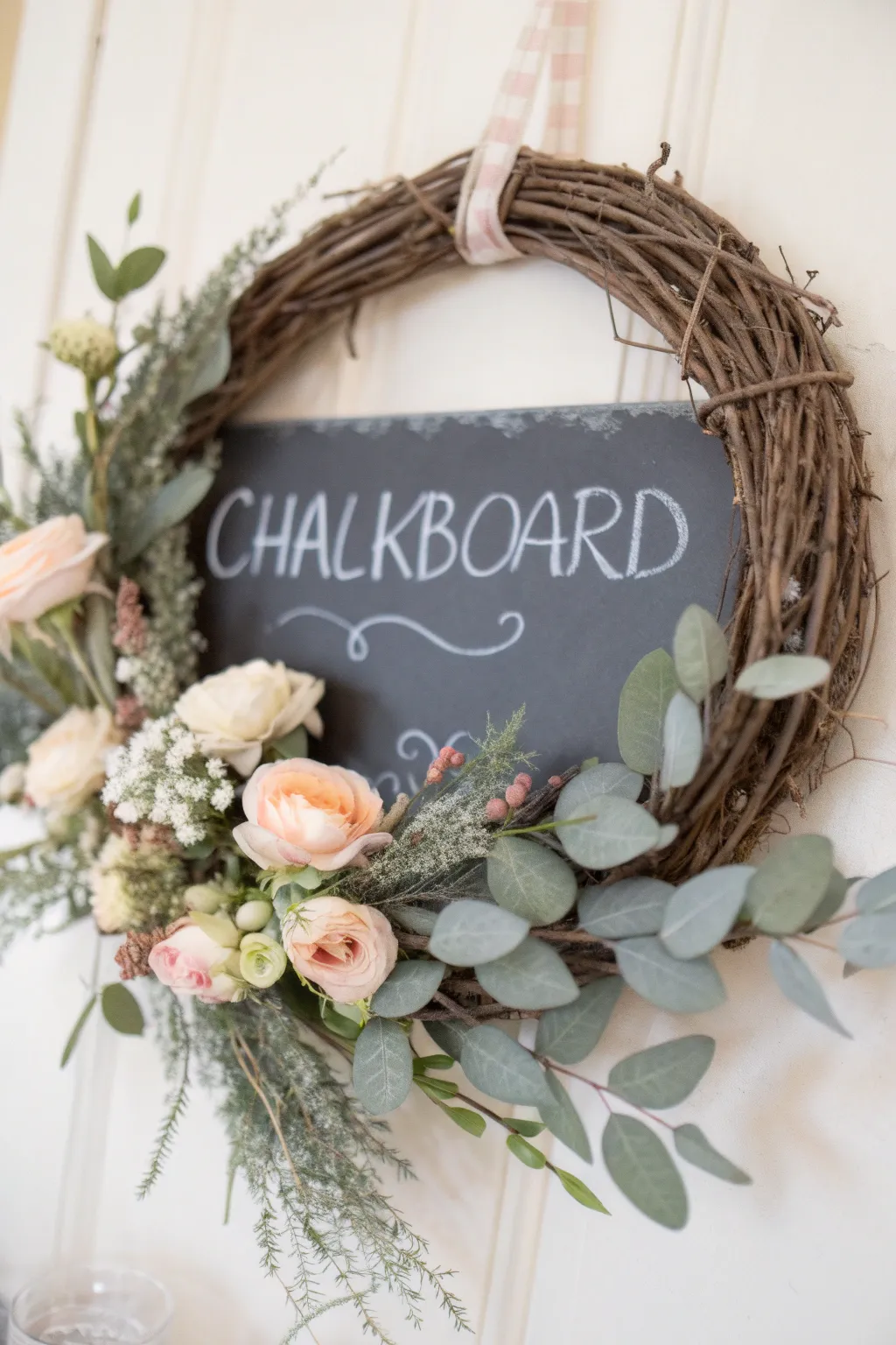 Embrace the season with a personalized touch: a chalkboard wreath that speaks your heart.