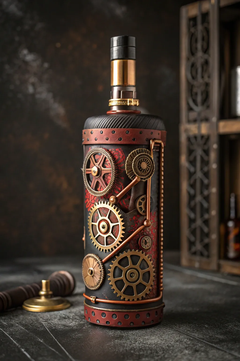 Unleash your inner craftsman with this striking steampunk bottle design.