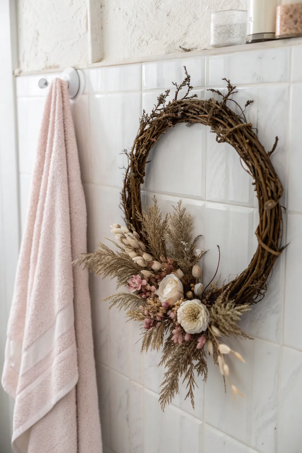 Transform your bathroom with this charming wreath towel holder, blending minimalist elegance with seasonal flair.