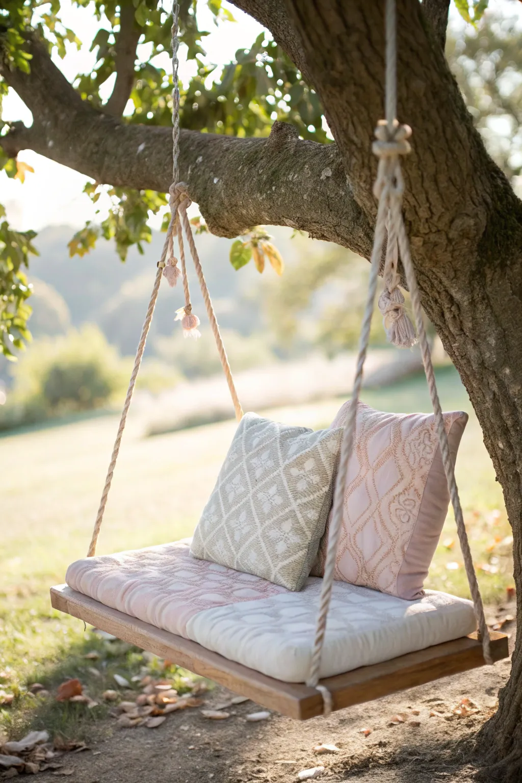 Embrace serene moments with this charming quilted cushion swing, where simplicity meets comfort in style.
