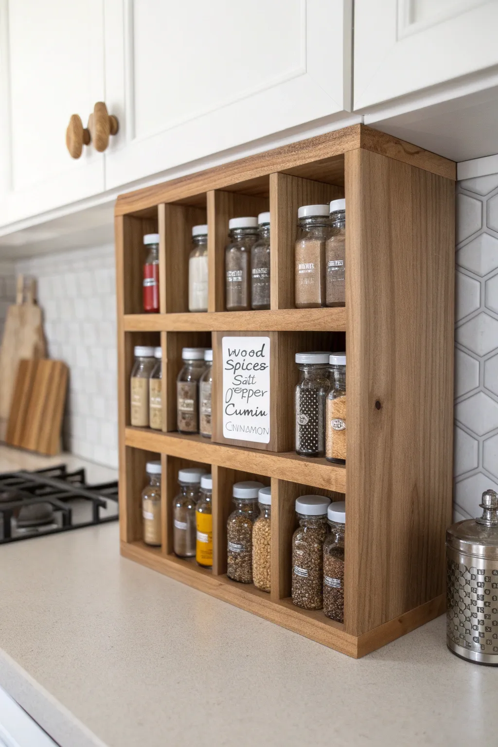 Transform your kitchen with this charming under cabinet spice library, the perfect blend of minimalism and boho chic.