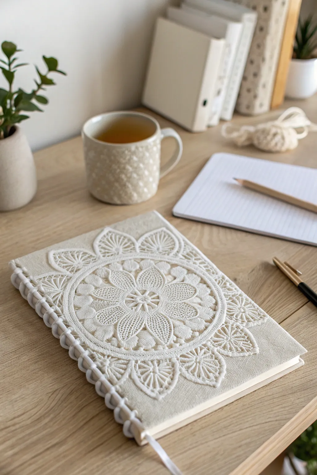 Transform your stationery with a touch of elegance and simplicity—discover the art of doily-covered notebooks.