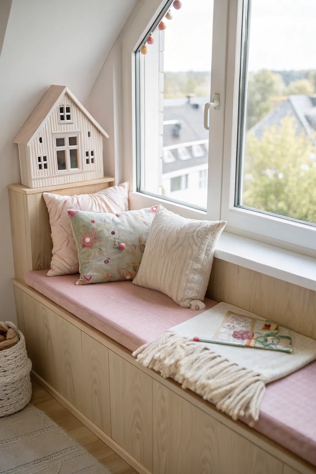 A dreamy escape for dolls: A cozy window seat with a view.