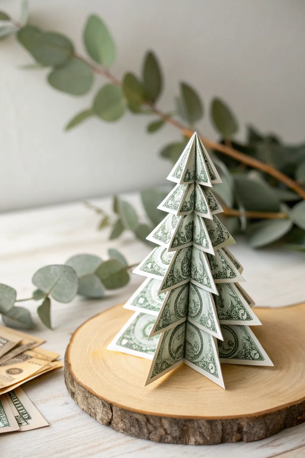 Add a personal touch to your holiday decor with handcrafted dollar bill origami trees and heartfelt messages.