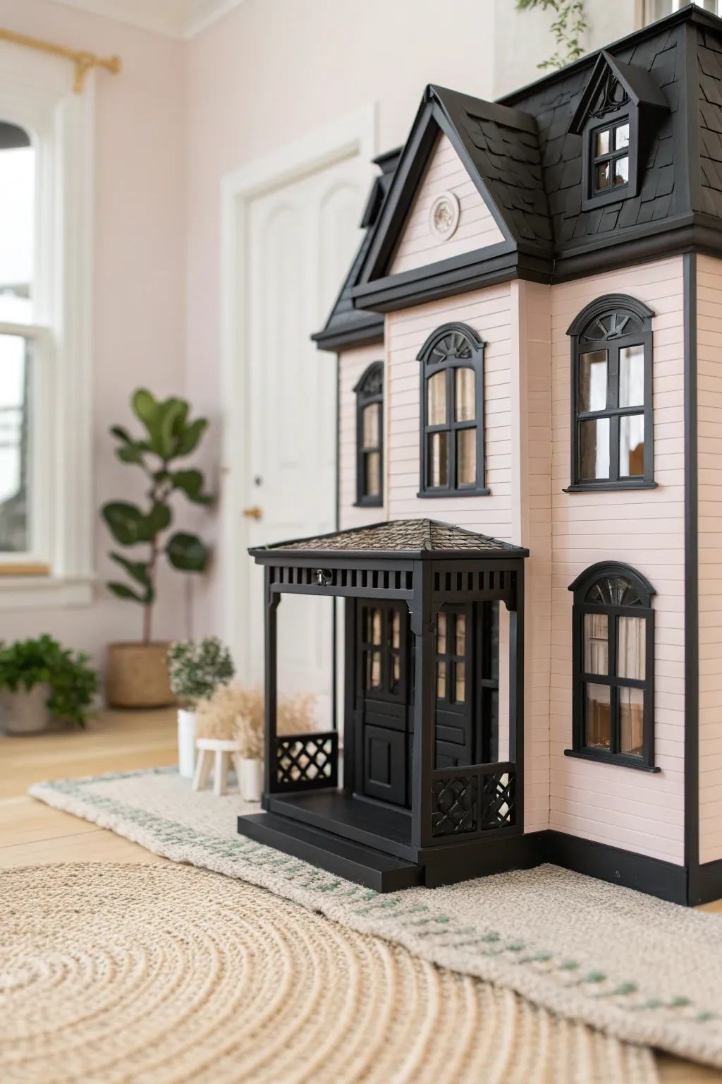 Add a touch of elegance with bold black trim on your dollhouse exterior.