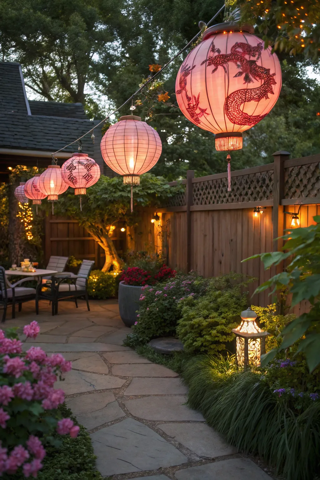 Dragon lanterns illuminate with charm.