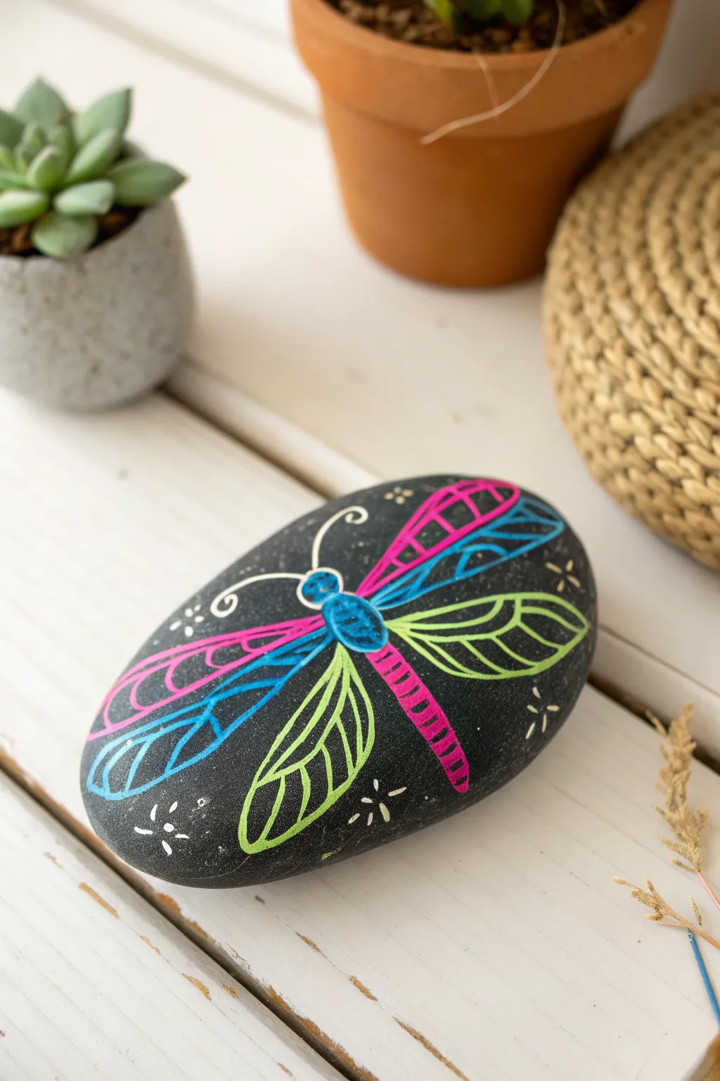 Urban Elegance: A Graffiti-Style Dragonfly Transforms a Simple Stone into Art.