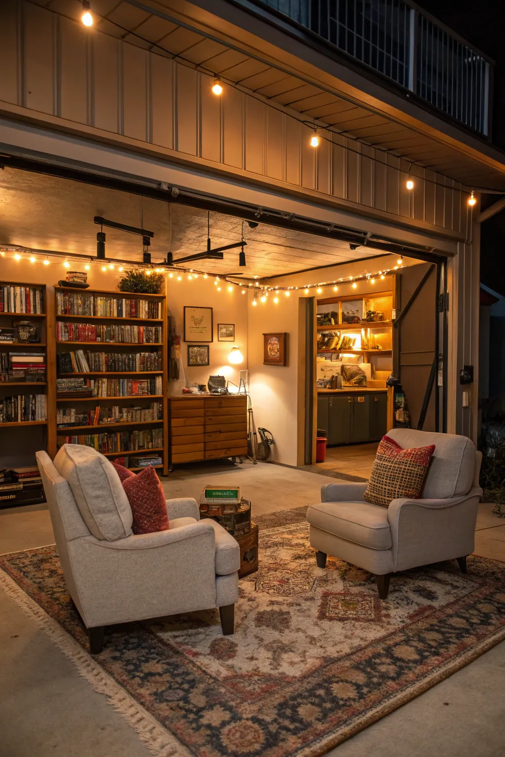 A garage transformed into a cozy personal retreat.