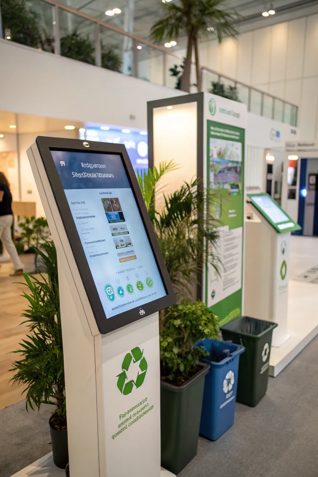 A sleek digital kiosk offering eco-friendly information.