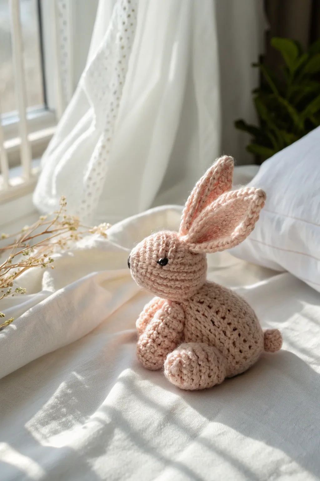 Embrace the joy of simplicity with this finger-knitted bunny, crafted with love and perfect for tiny cuddles.