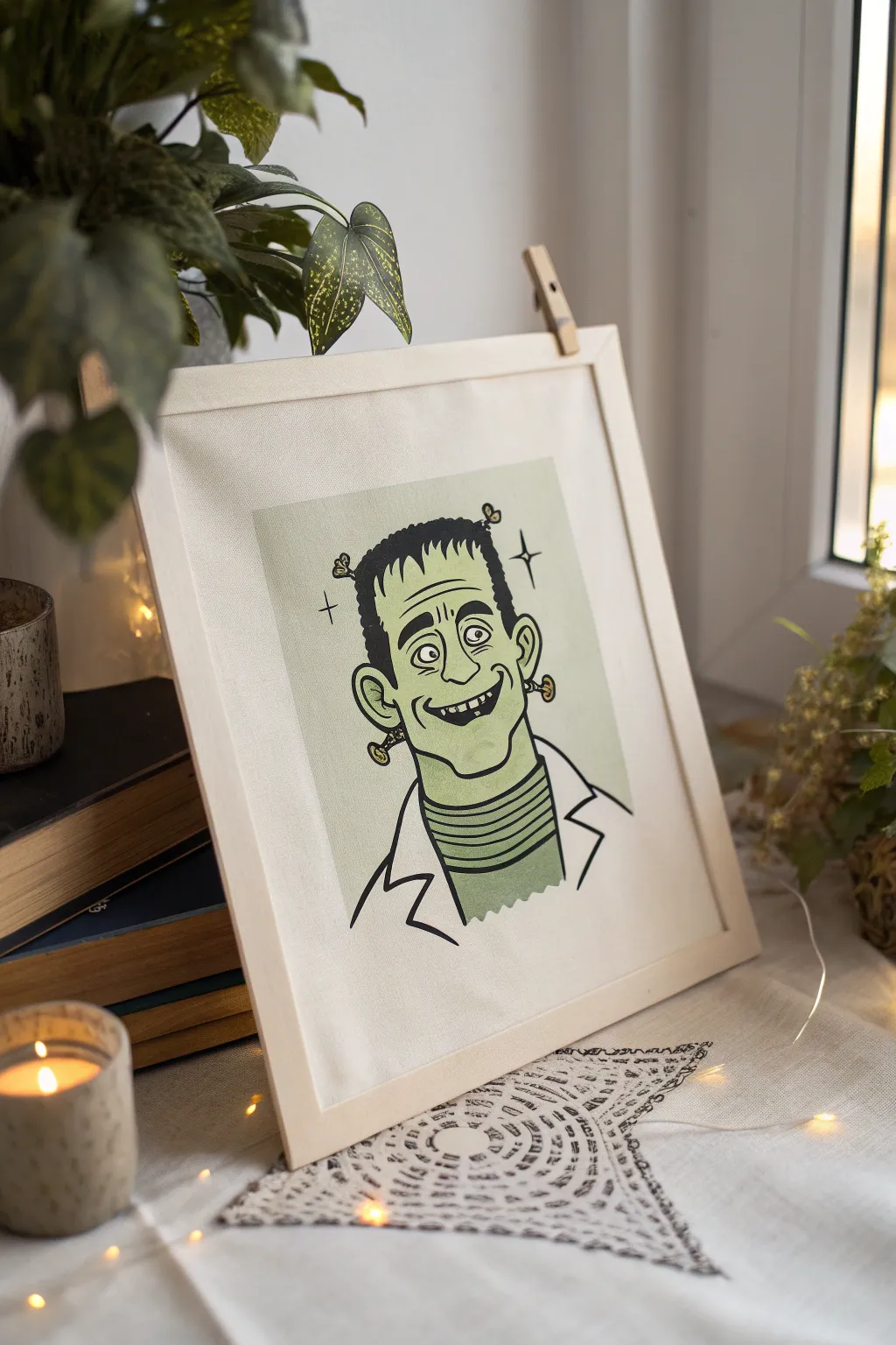 Meet the friendliest Frankenstein, where Halloween charm meets minimalist elegance!