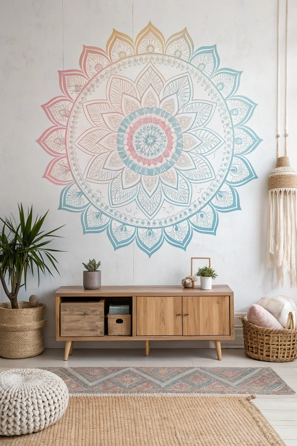 Transform your space with the mystical allure of taped mandala designs, blending Scandinavian minimalism with boho charm.