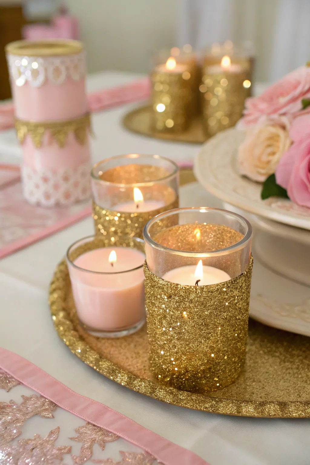 Gold glitter candle holders add a glamorous touch.