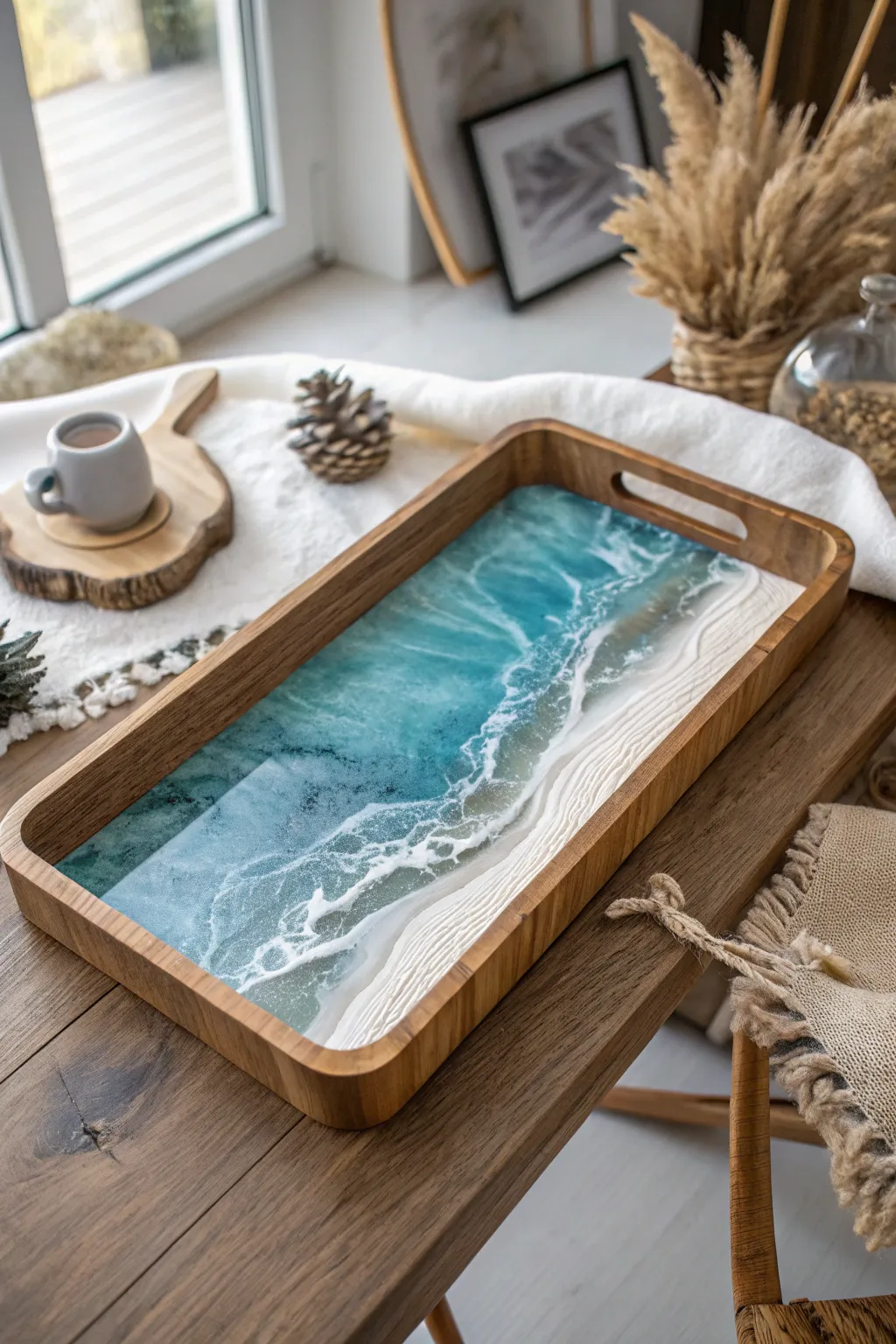 Elevate your hosting with this stunning epoxy resin serving tray, where minimalism meets boho charm.
