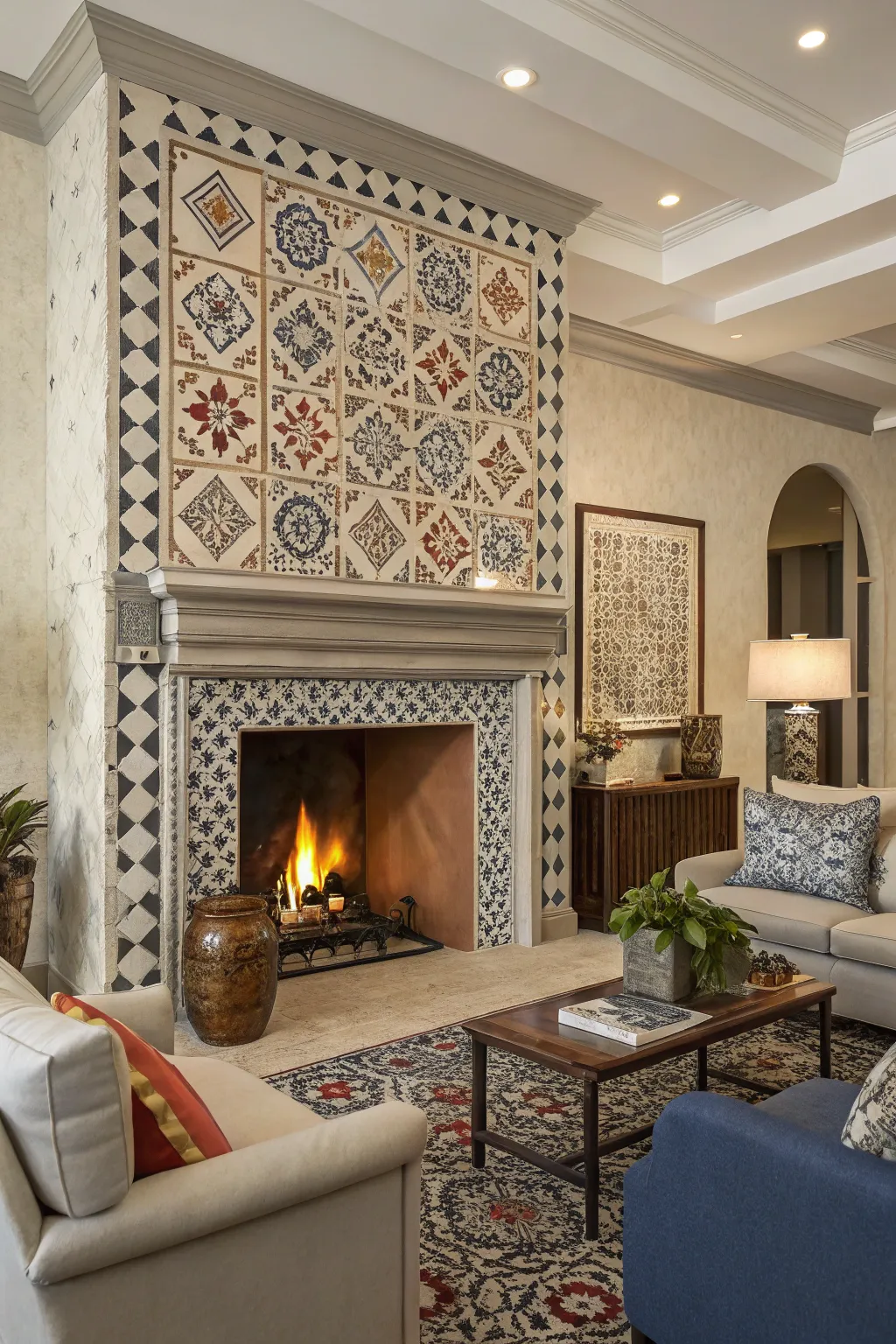 Bold tile accents creating a striking style statement around the fireplace.