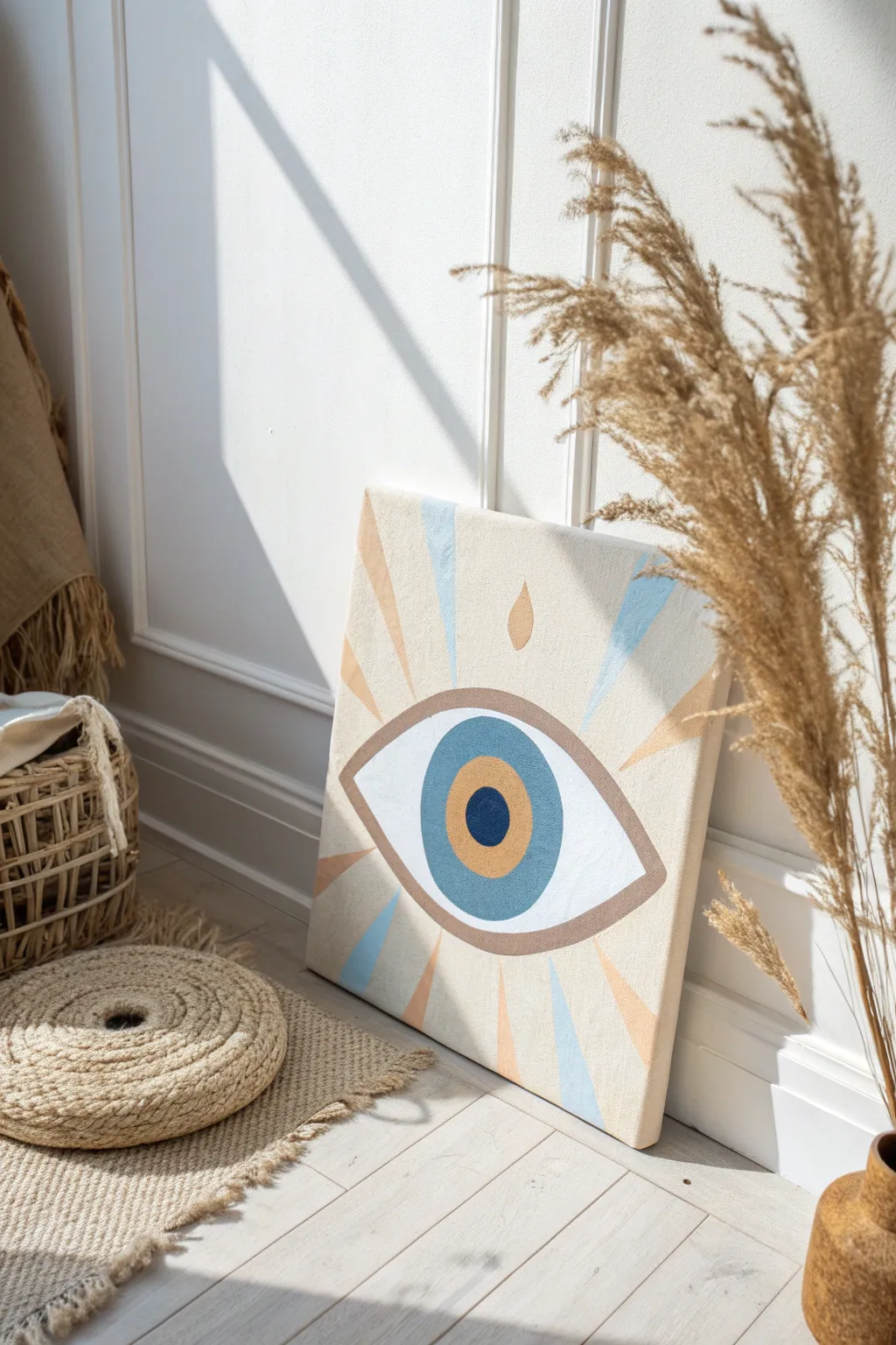 Embrace the elegance of dual tones with this minimalist evil eye masterpiece, where simplicity meets natural beauty.