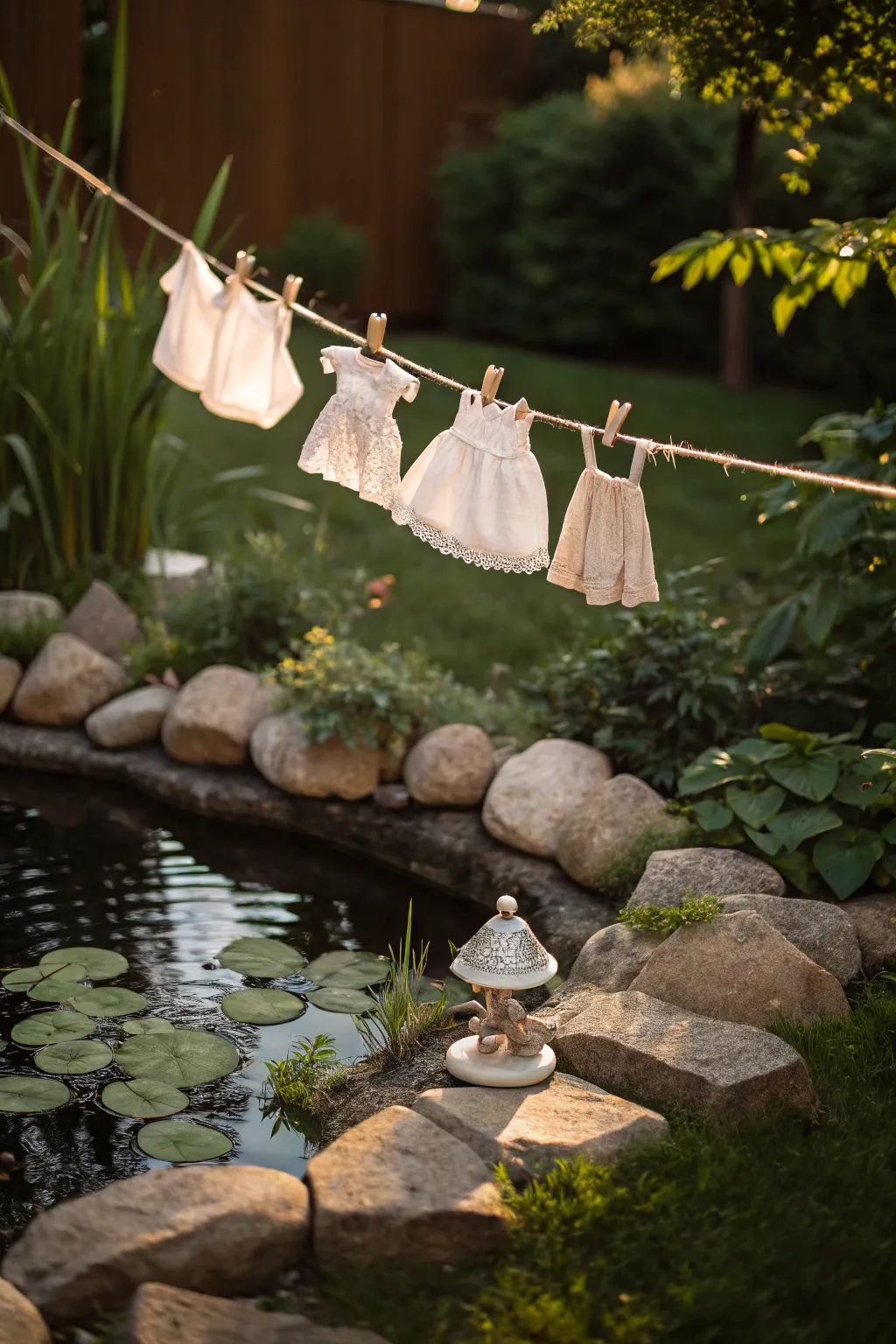 Whimsical Fairy Wardrobe: A Peek into Enchanting Everyday Moments by the Pond.