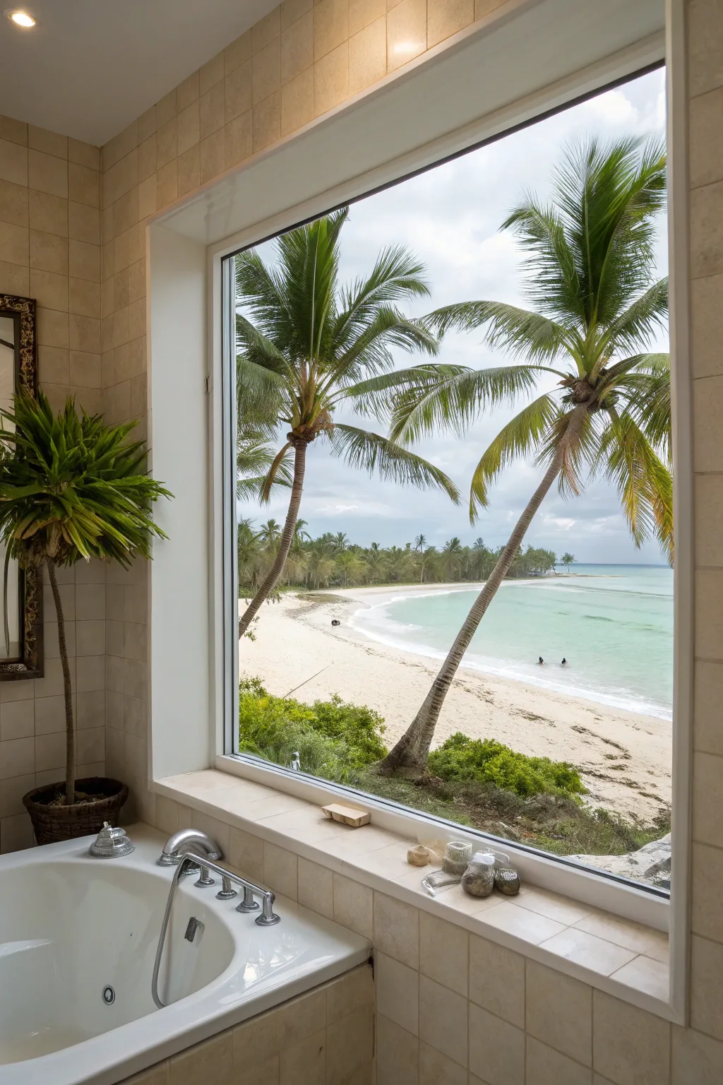 A tropical paradise scene can turn any bathroom into a spa-like retreat.