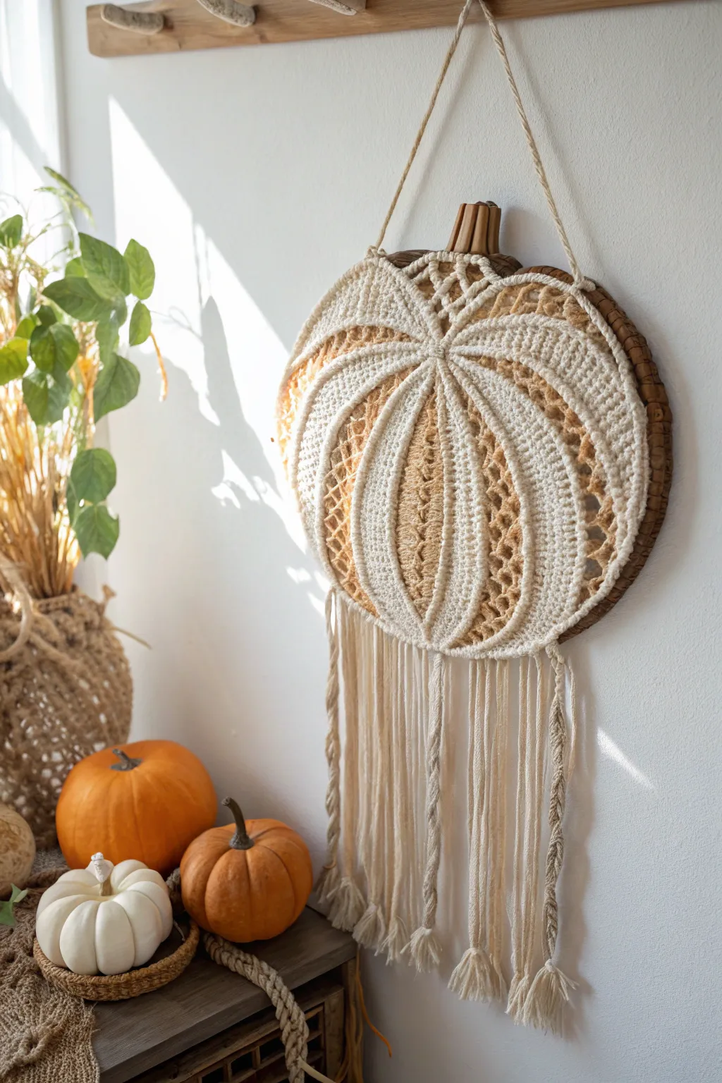 Add a touch of autumn elegance to your space with this minimalist crochet pumpkin wall hanging. 🍂🧶