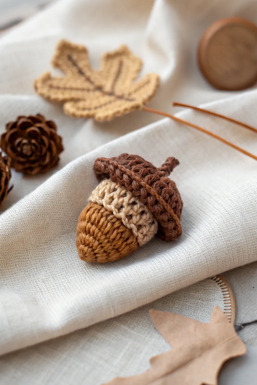 Add a touch of autumn charm to your wardrobe with these adorable crochet acorn brooches!