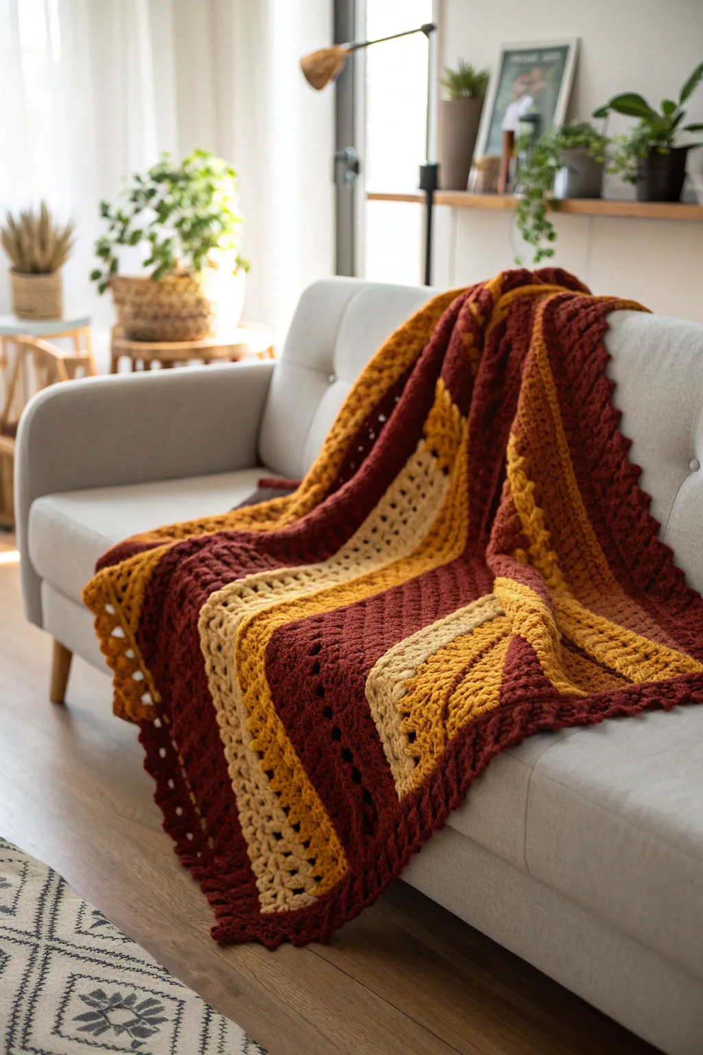Wrap yourself in the cozy embrace of autumn with this beautifully textured crochet blanket, a perfect blend of craftsmanship and natural beauty.