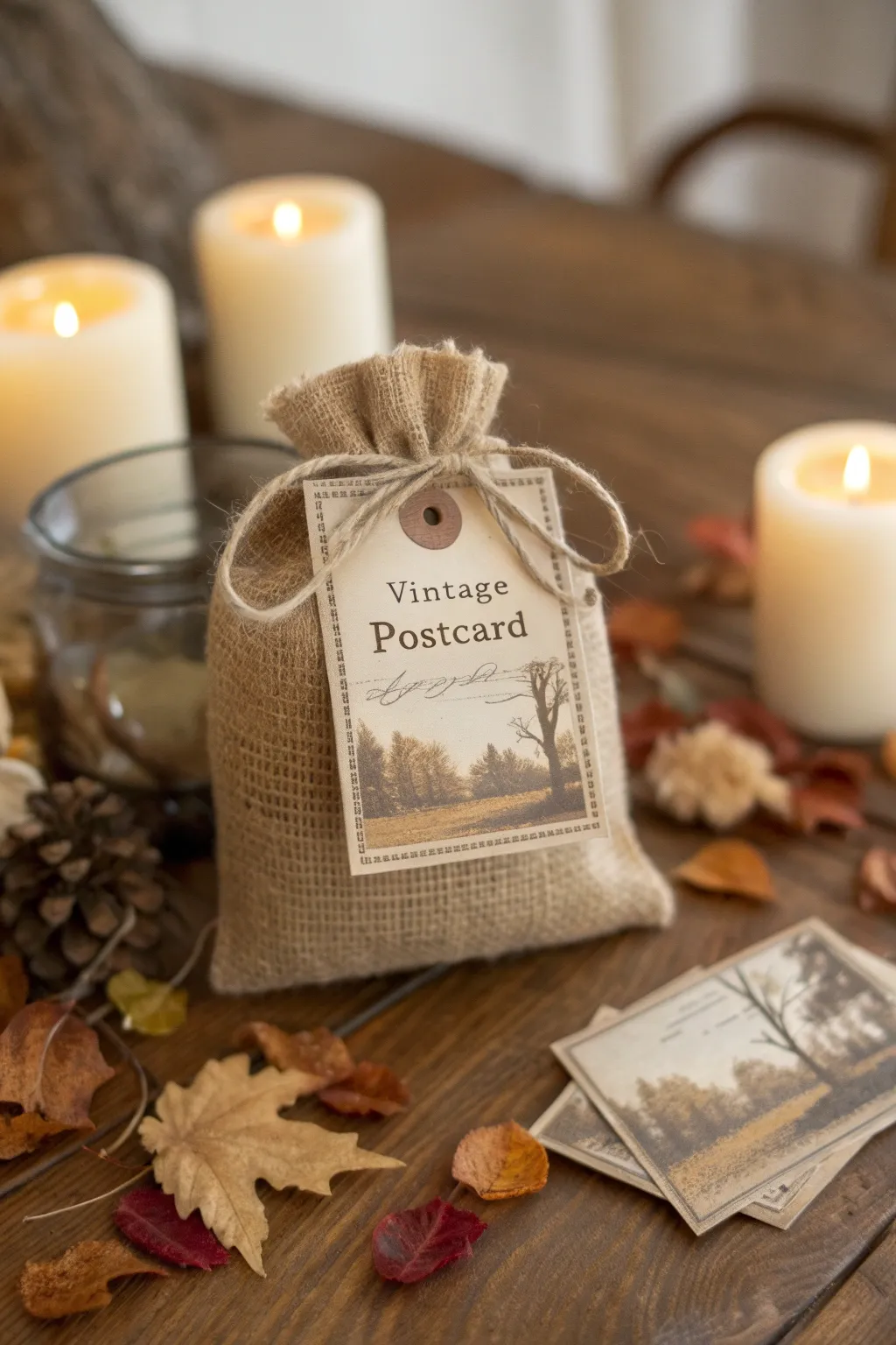 Add a touch of nostalgia to your fall gatherings with vintage postcard labels on your treat bags.