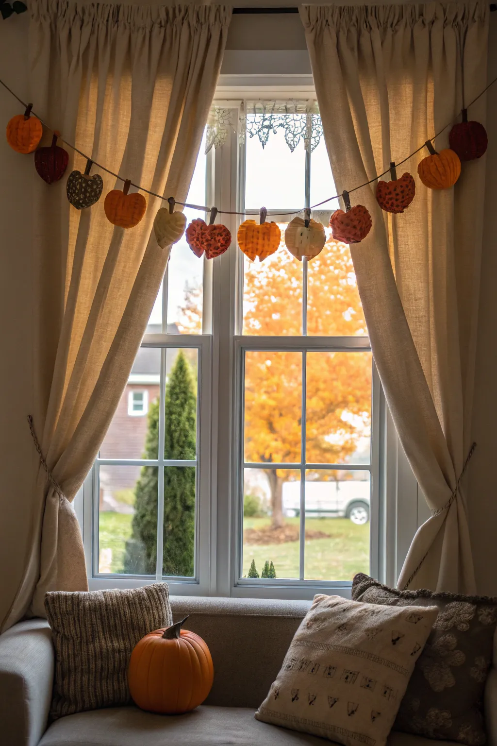 A cozy fabric pumpkin garland for fall windows.