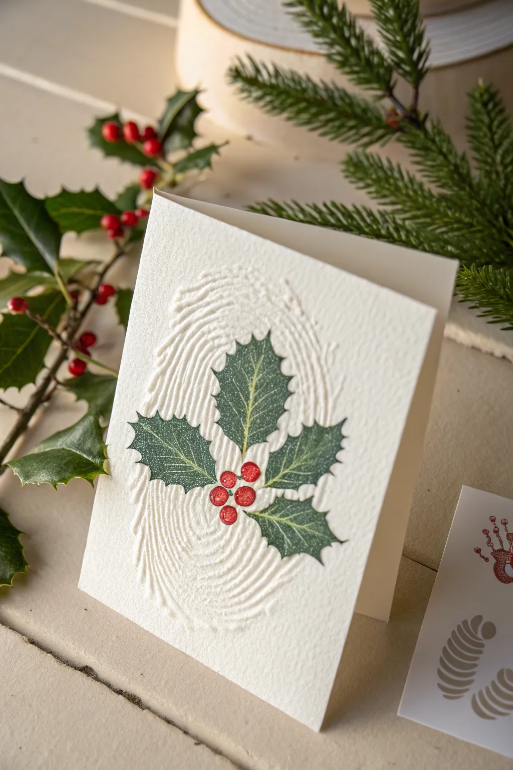 Craft your own festive fingerprint holly cards for a touch of handmade charm this Christmas.